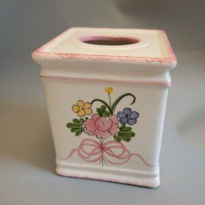 Vintage 80s Ceramic TissueBox Cover Holder White/Pink Floral Cottage Chic E536-3